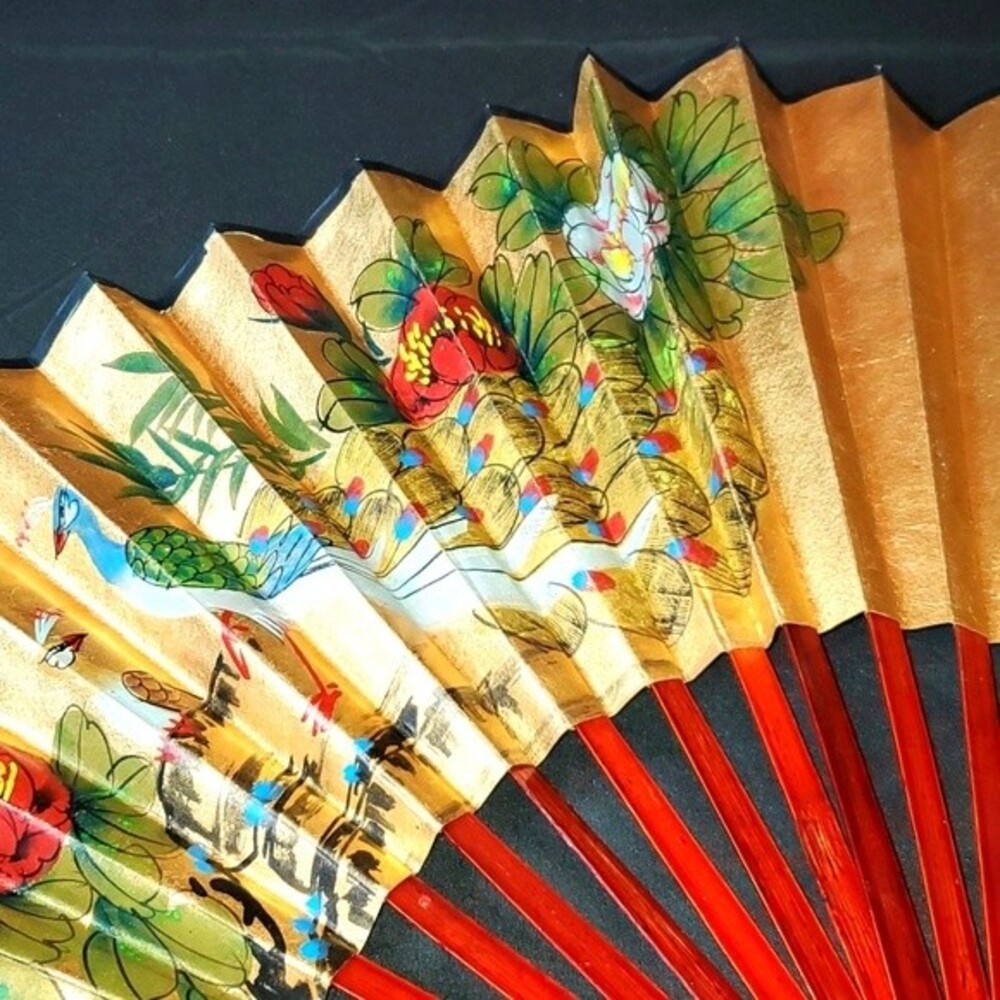 Vintage hand painted gold bird fan retro pinup decor wood glamour home fashion - Picture 4 of 6